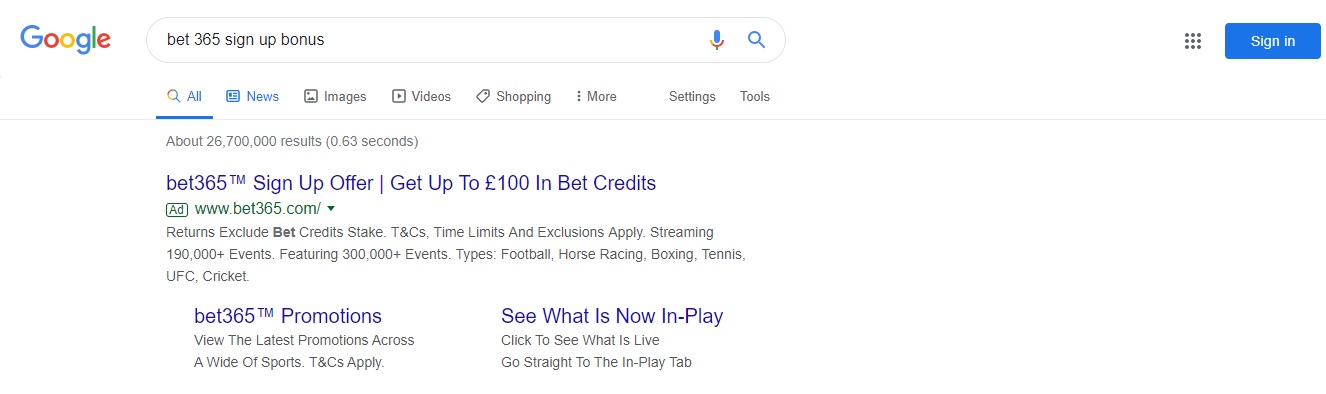 Bet365 signup bonus Google search showing bet365 signup bonus