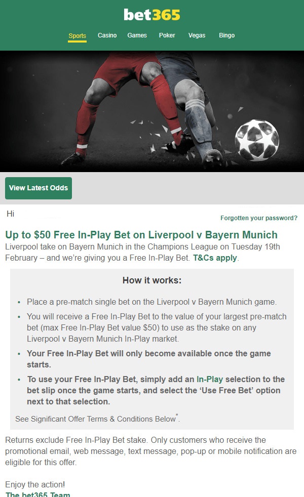 Bet365 Reload offer for the Champions League Bet365 reguarly offfer huge bonuses for existing customers