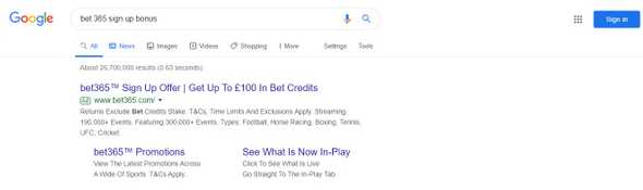 Google search showing bet365 signup bonus