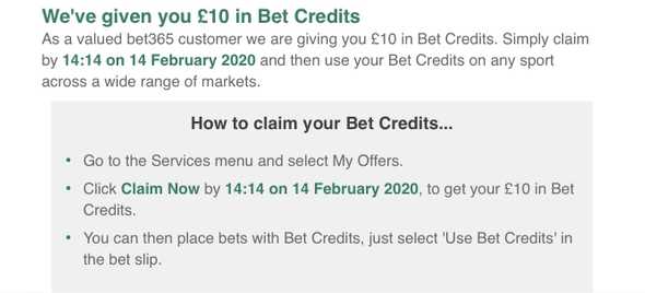 Bet365 offering their customers a  £10 Free bet